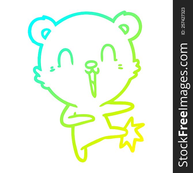 cold gradient line drawing of a happy cartoon polar bear kicking