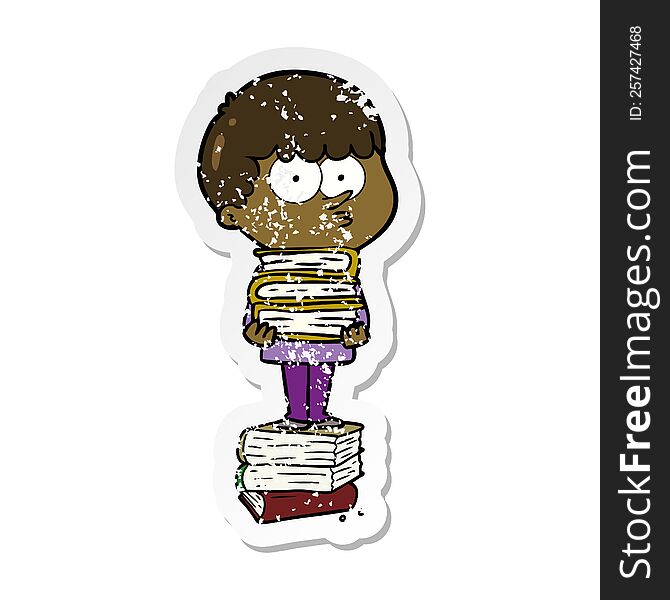 distressed sticker of a cartoon curious boy with lots of books