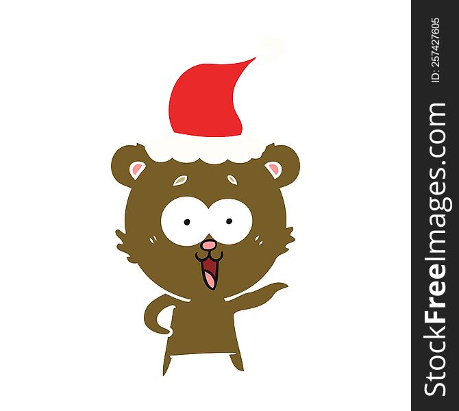 laughing teddy  bear flat color illustration of a wearing santa hat