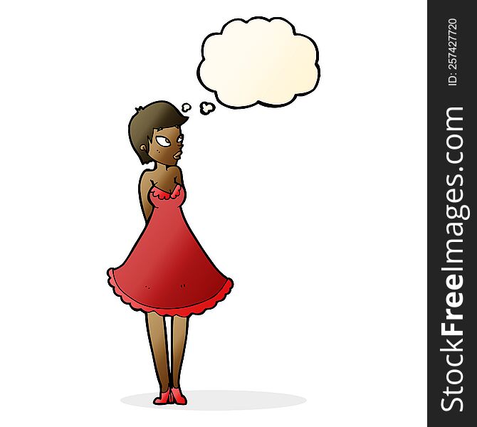 Cartoon Pretty Woman In Dress With Thought Bubble
