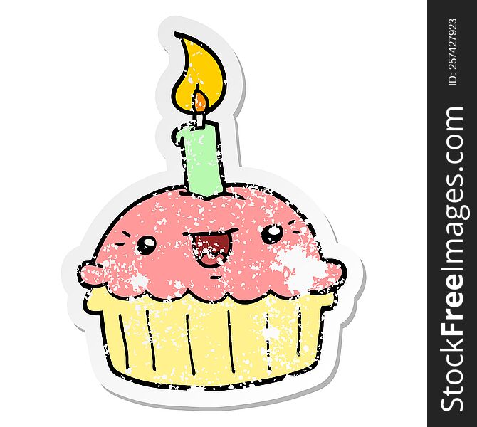 distressed sticker of a cartoon cupcake with candle