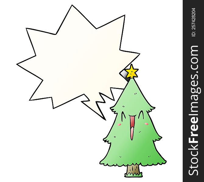 Cartoon Christmas Tree And Speech Bubble In Smooth Gradient Style