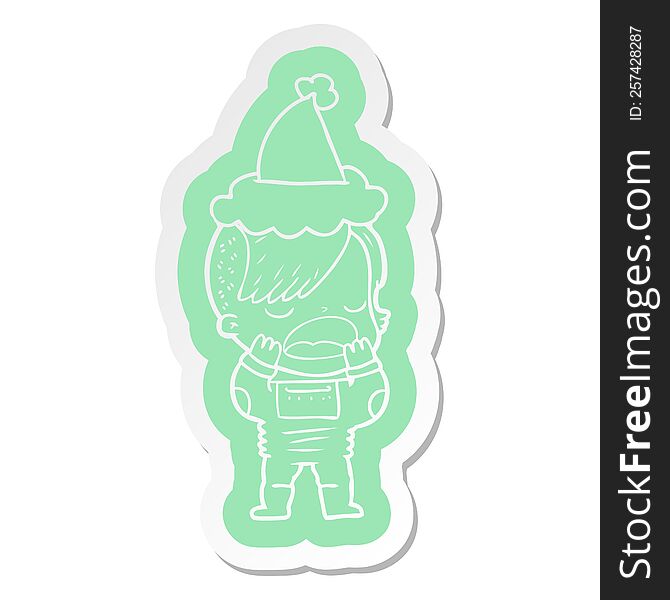 quirky cartoon  sticker of a cool hipster girl in space suit wearing santa hat