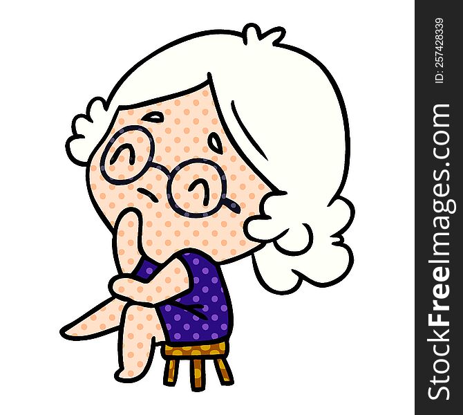 cartoon illustration of a cute kawaii lady thinking. cartoon illustration of a cute kawaii lady thinking