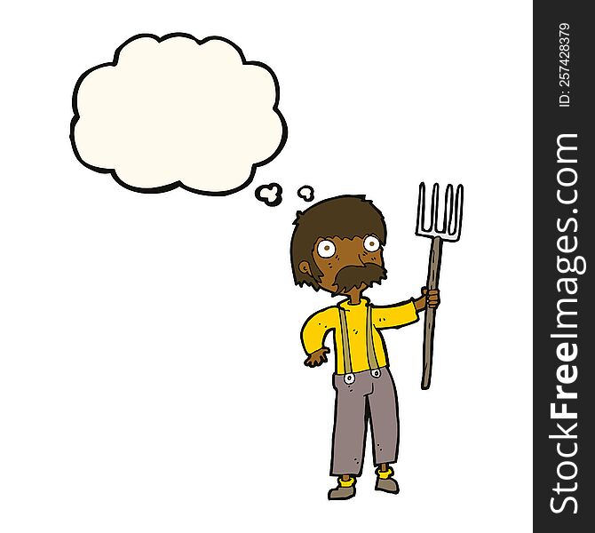 cartoon farmer with pitchfork with thought bubble