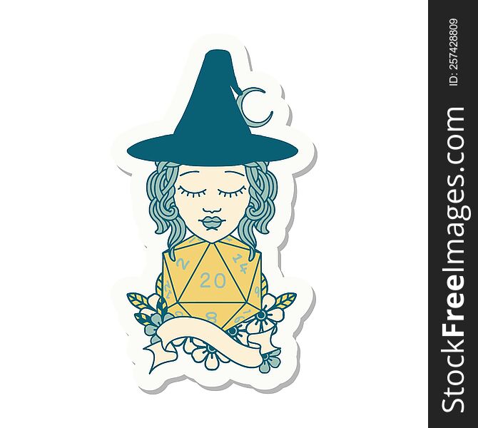 sticker of a human mage with natural twenty dice roll. sticker of a human mage with natural twenty dice roll