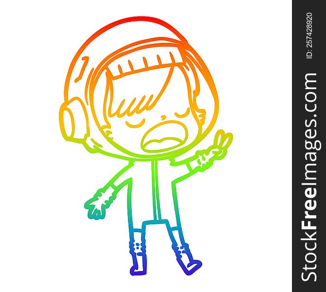 rainbow gradient line drawing of a cartoon astronaut giving peace sign