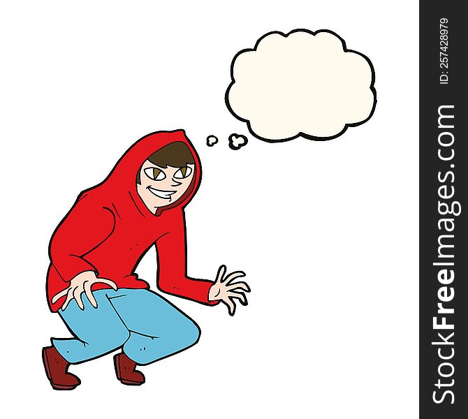 cartoon mischievous boy in hooded top with thought bubble