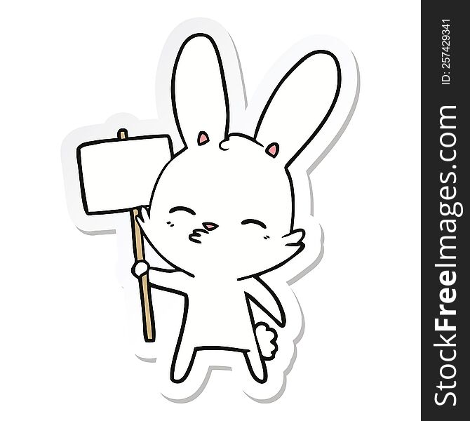 sticker of a curious bunny cartoon with placard