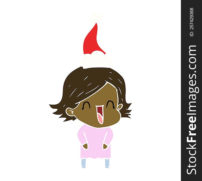Flat Color Illustration Of A Laughing Woman Wearing Santa Hat