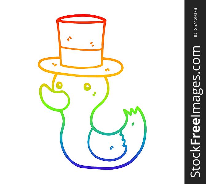 rainbow gradient line drawing of a cartoon duck wearing top hat