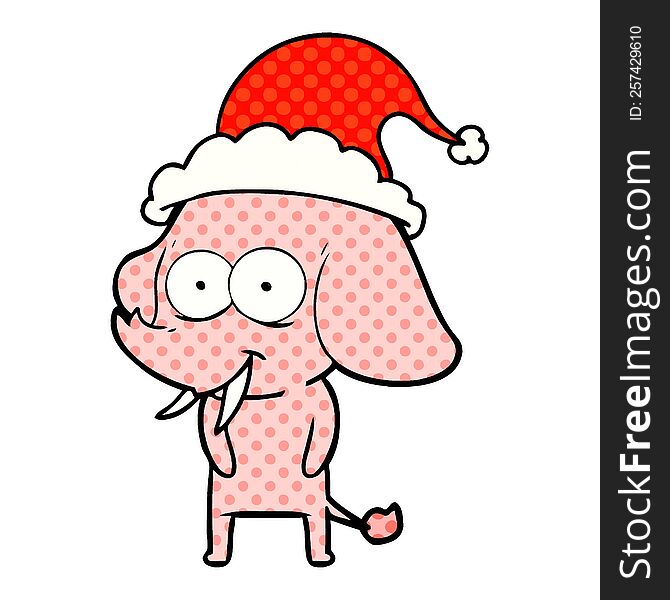 happy hand drawn comic book style illustration of a elephant wearing santa hat