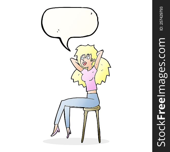 cartoon woman posing on stool with speech bubble