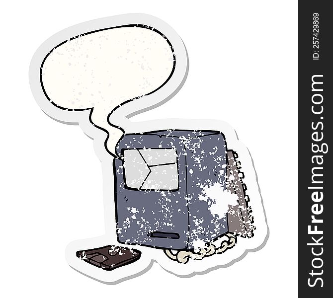 cartoon broken old computer and speech bubble distressed sticker