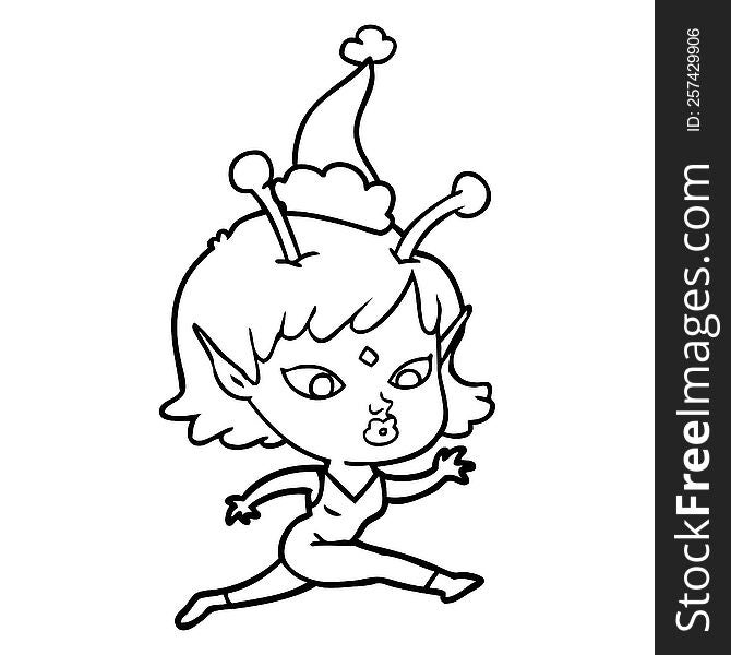 pretty hand drawn line drawing of a alien girl running wearing santa hat. pretty hand drawn line drawing of a alien girl running wearing santa hat