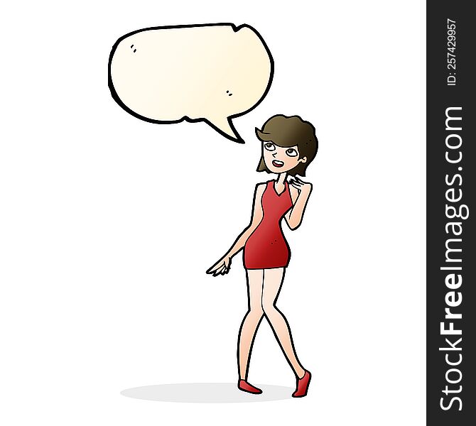 cartoon woman in cocktail dress with speech bubble