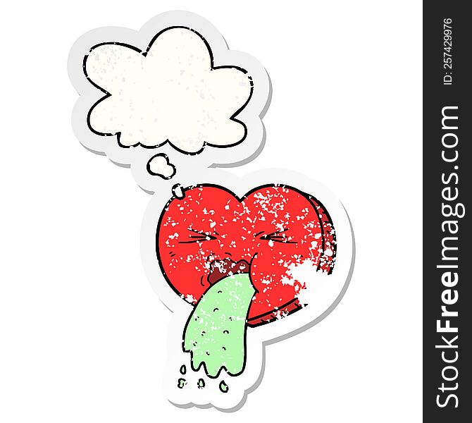 cartoon love sick heart with thought bubble as a distressed worn sticker