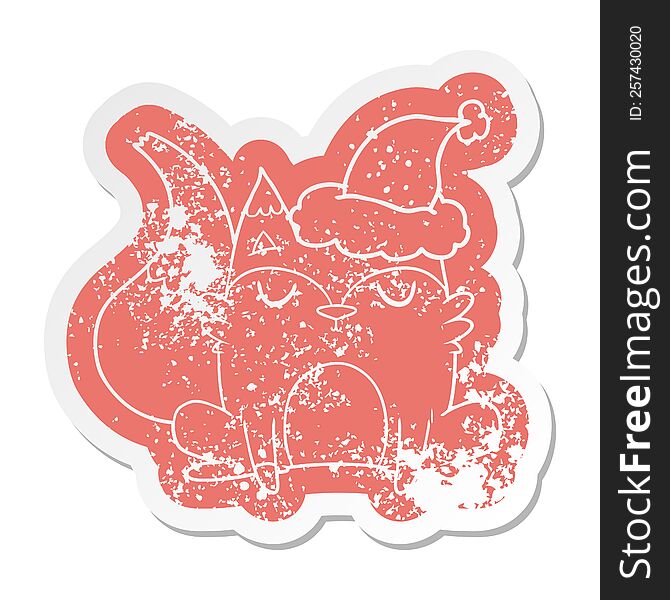 Cartoon Distressed Sticker Of A Fox Wearing Santa Hat
