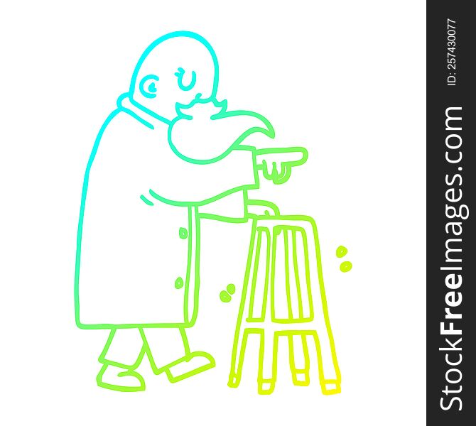 cold gradient line drawing of a cartoon old man with walking frame