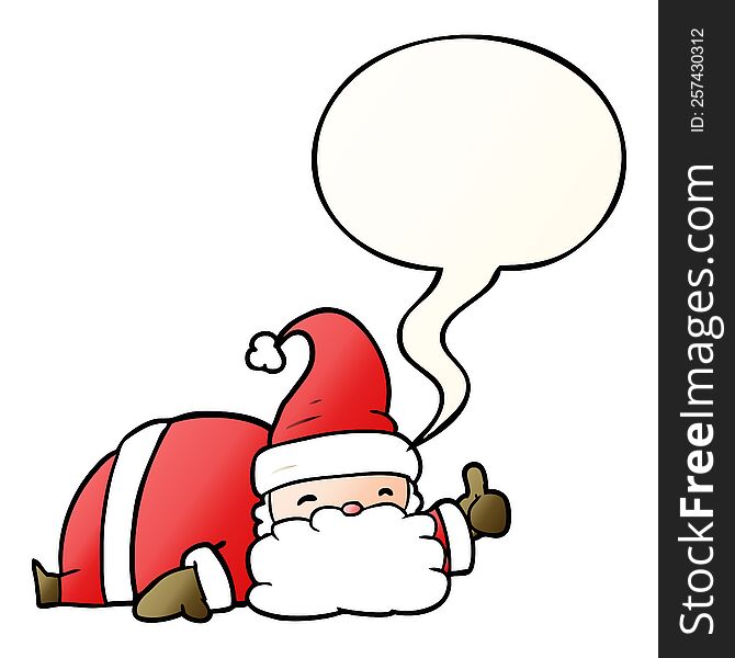 cartoon sleepy santa giving thumbs up symbol with speech bubble in smooth gradient style