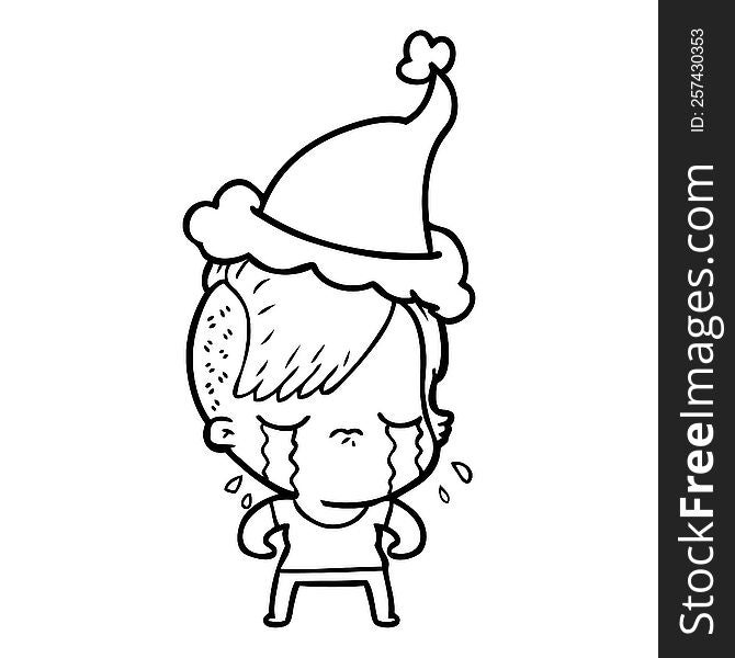 Line Drawing Of A Crying Girl Wearing Santa Hat