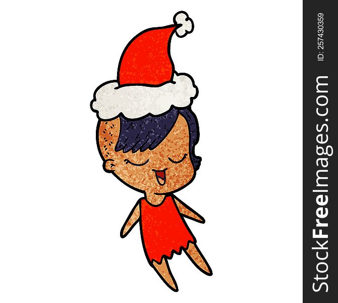 happy hand drawn textured cartoon of a girl wearing santa hat. happy hand drawn textured cartoon of a girl wearing santa hat