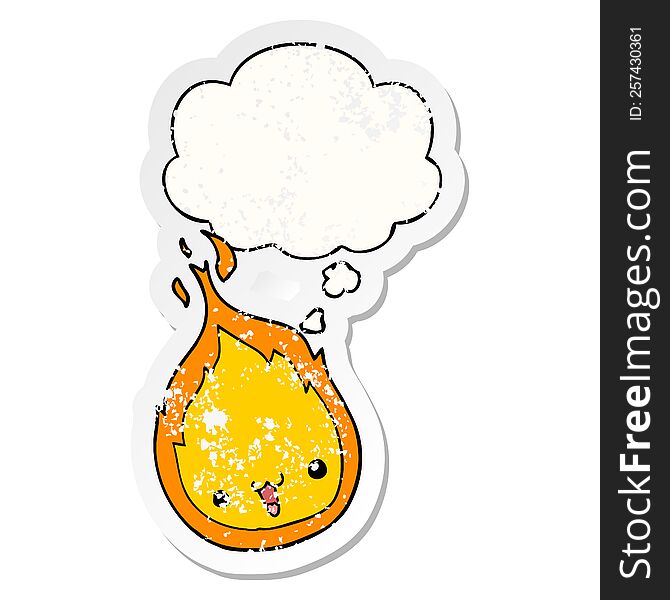 cute cartoon flame with thought bubble as a distressed worn sticker