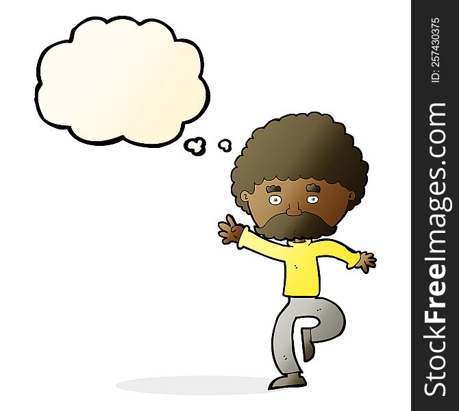 cartoon mustache man disco dancing with thought bubble