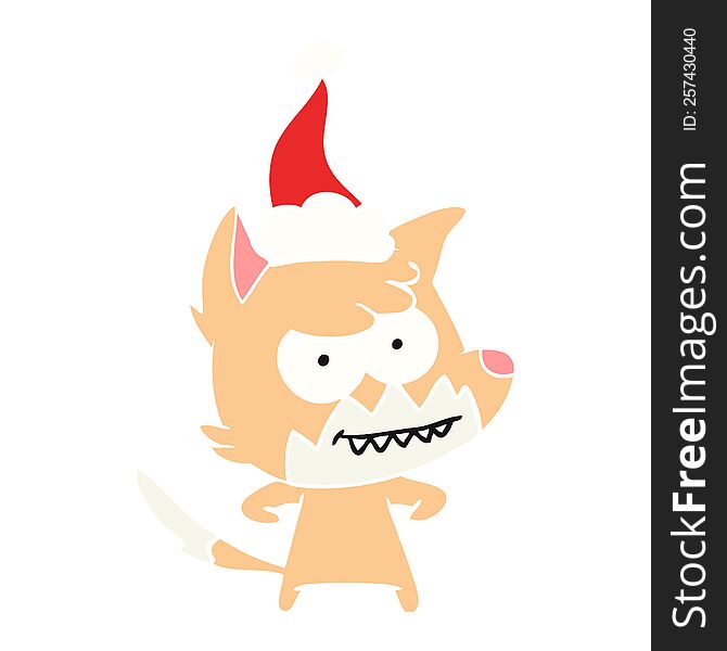 hand drawn flat color illustration of a grinning fox wearing santa hat