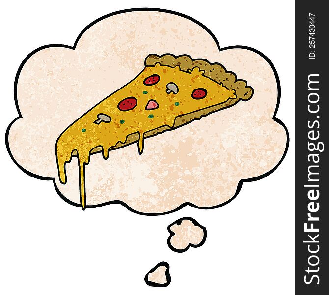 cartoon pizza slice with thought bubble in grunge texture style. cartoon pizza slice with thought bubble in grunge texture style
