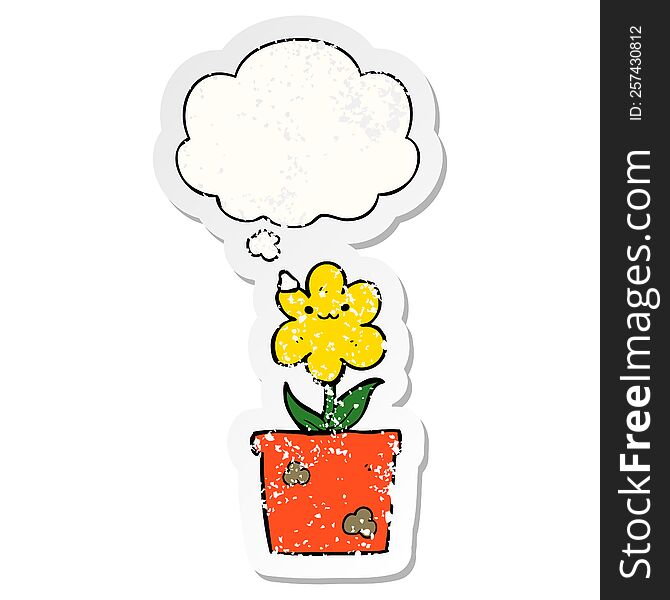 Cartoon House Plant And Thought Bubble As A Distressed Worn Sticker