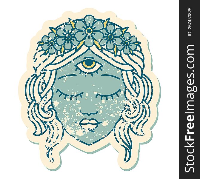 iconic distressed sticker tattoo style image of female face with third eye and crown of flowers. iconic distressed sticker tattoo style image of female face with third eye and crown of flowers