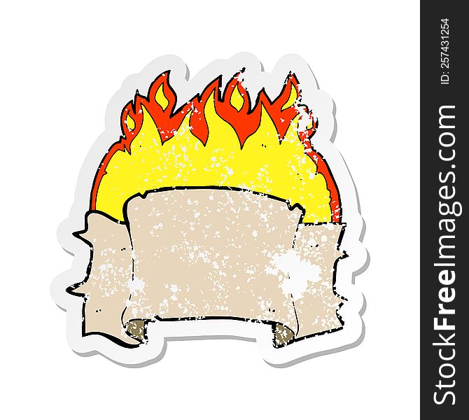 Retro Distressed Sticker Of A Cartoon Flaming Heraldry Scroll Banner