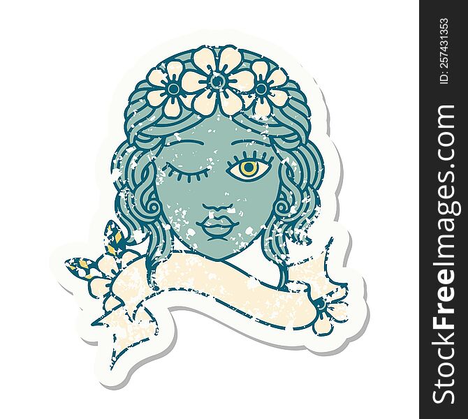 Grunge Sticker With Banner Of A Maidens Face Winking