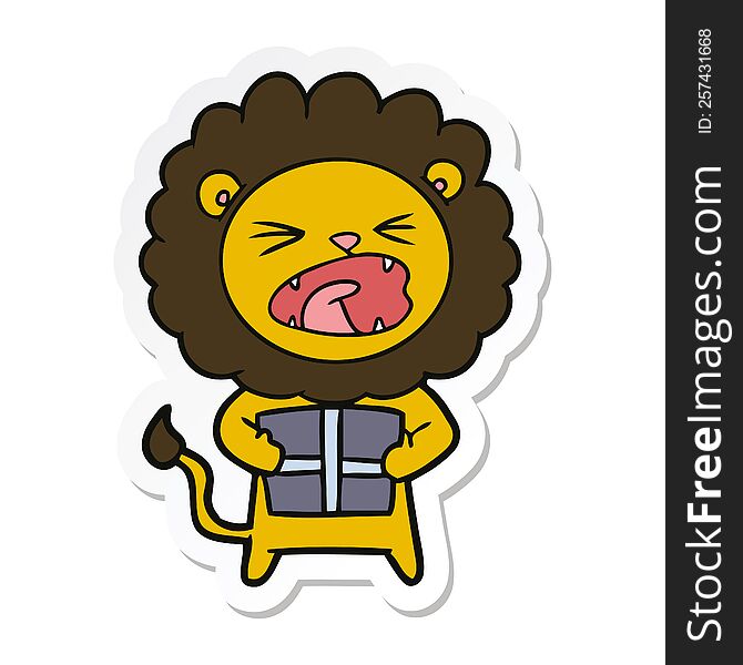 sticker of a cartoon lion with christmas present