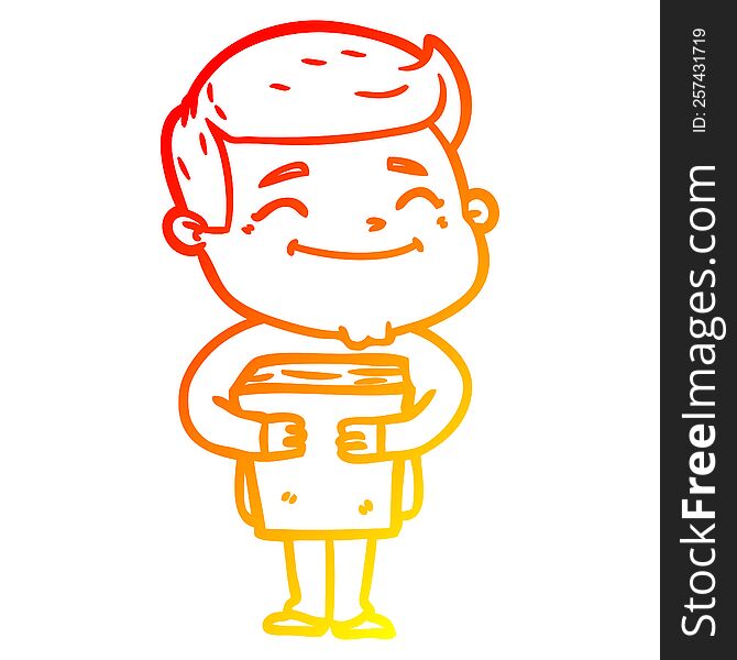 warm gradient line drawing of a happy cartoon man holding book