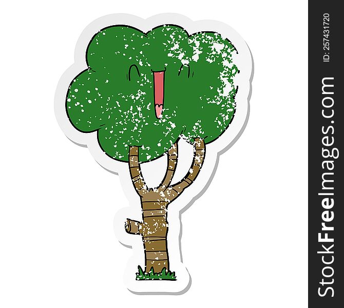 Distressed Sticker Of A Cartoon Laughing Tree