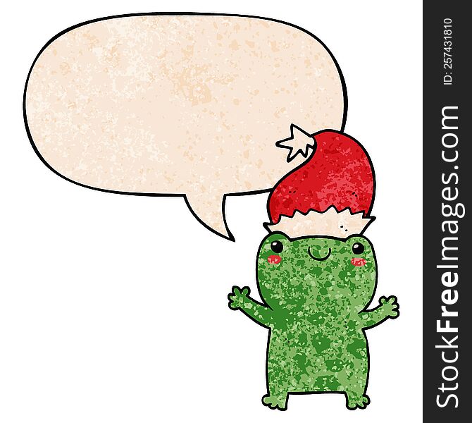 cute christmas frog with speech bubble in retro texture style