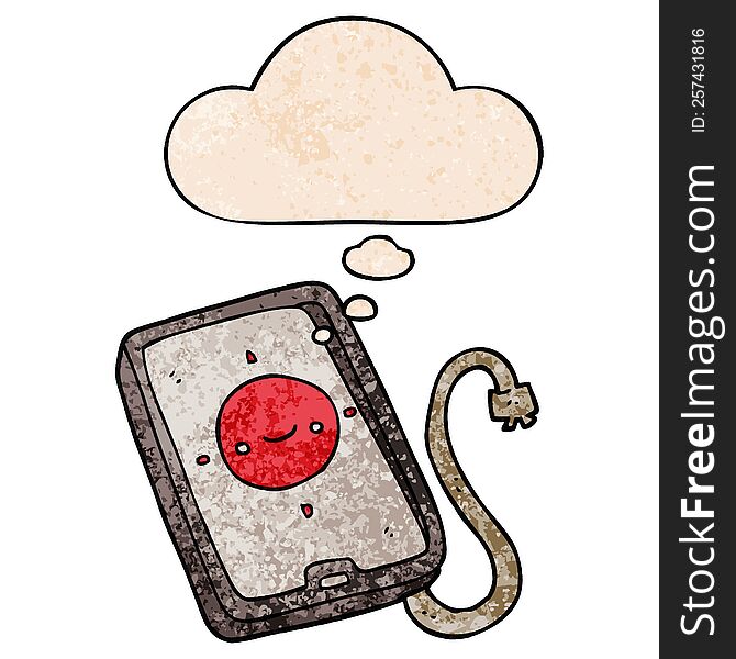 Cartoon Mobile Phone Device And Thought Bubble In Grunge Texture Pattern Style