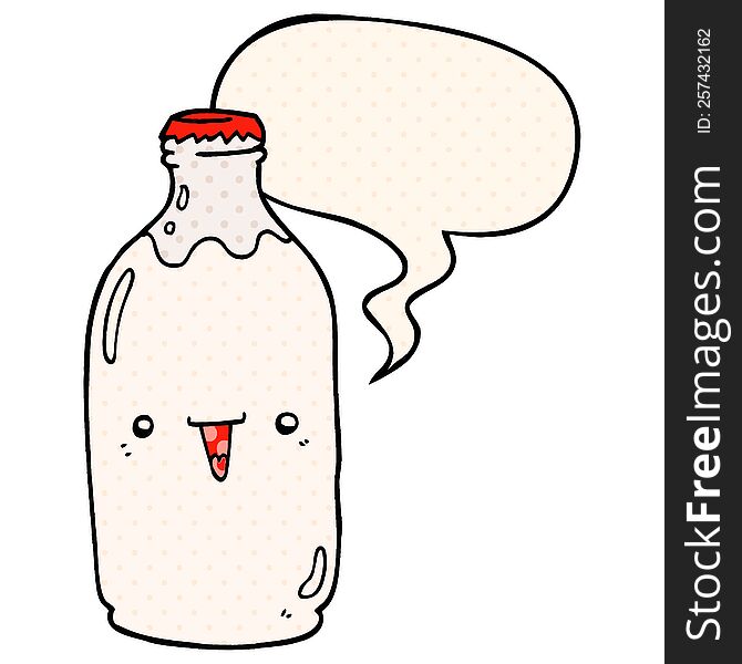 cute cartoon milk bottle with speech bubble in comic book style