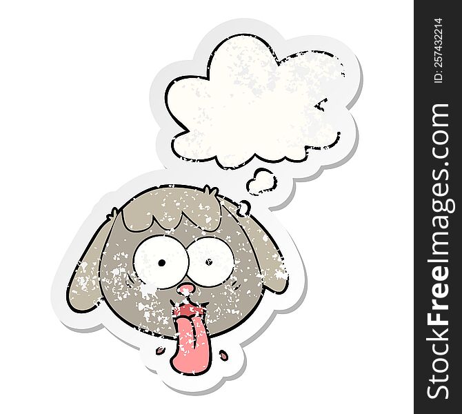 Cartoon Dog Face Panting And Thought Bubble As A Distressed Worn Sticker