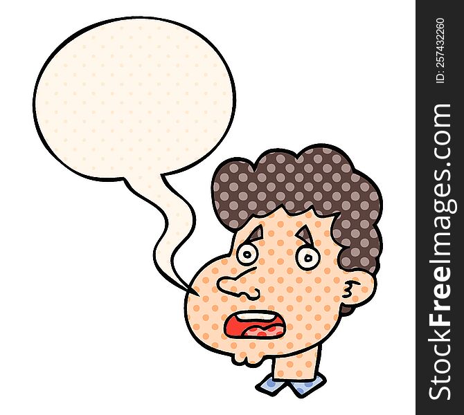 cartoon shocked man with speech bubble in comic book style