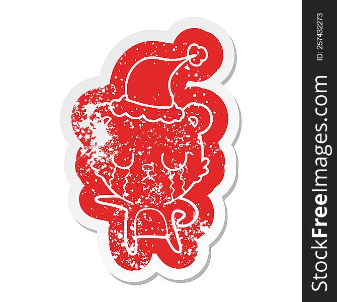 crying quirky cartoon distressed sticker of a bear wearing santa hat