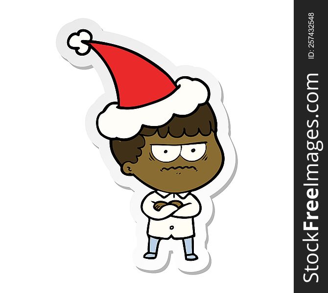 Sticker Cartoon Of An Annoyed Man Wearing Santa Hat