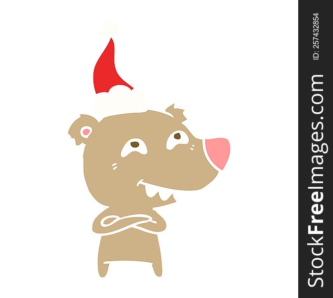 Flat Color Illustration Of A Bear Showing Teeth Wearing Santa Hat