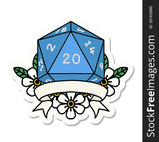 sticker of a natural 20 critical hit D20 dice roll. sticker of a natural 20 critical hit D20 dice roll