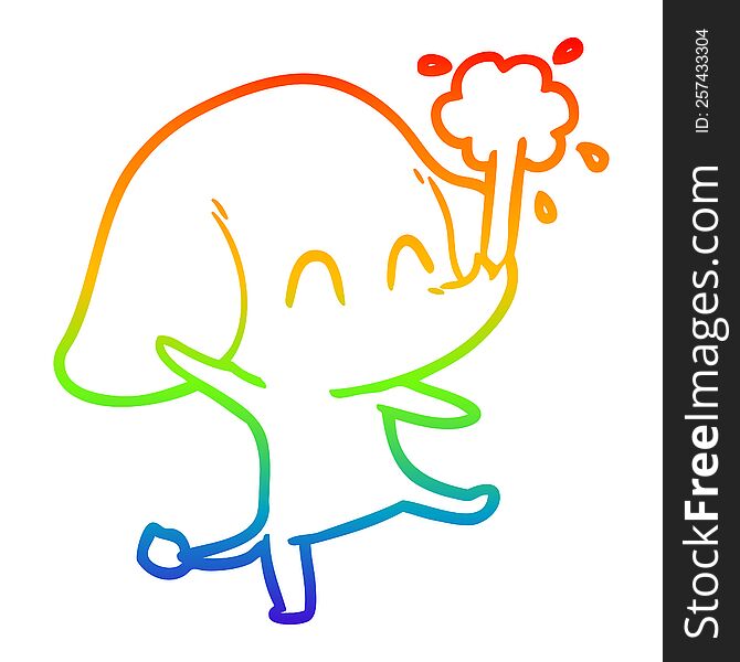 rainbow gradient line drawing of a cute cartoon elephant spouting water