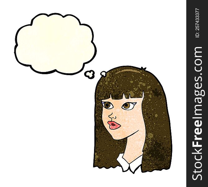 Cartoon Pretty Girl With Long Hair With Thought Bubble