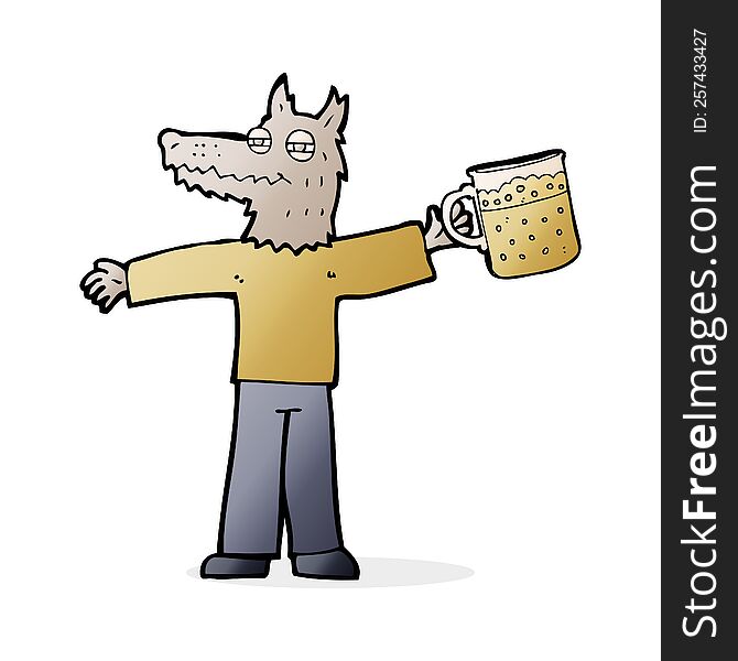 Cartoon Wolf Man Drinking Beer