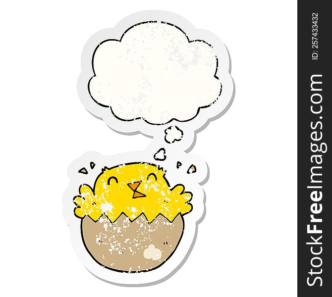 Cartoon Hatching Chick And Thought Bubble As A Distressed Worn Sticker